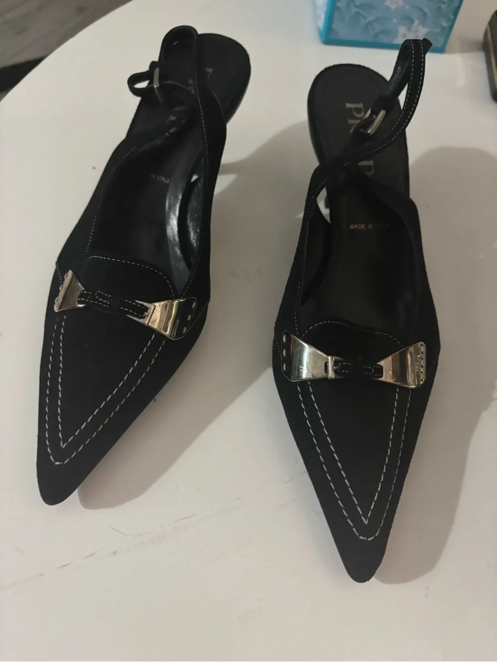Vintage Prada Black Slingback Kitten Heels Contrast Stitch IT 38 - Picture 3 of 14